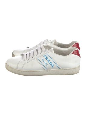 Prada White Leather Sneakers with Light Blue Logo and Red Heel